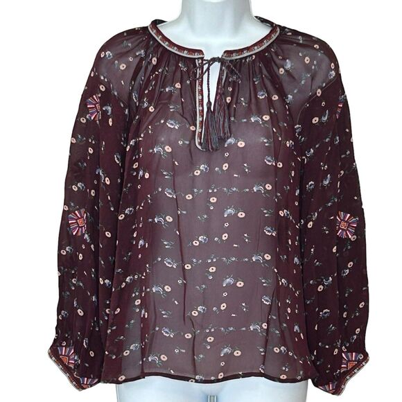 Ulla Johnson Silk Blouse 2 Boho Burgundy Floral Embroidery Tie Tassels - Picture 1 of 8